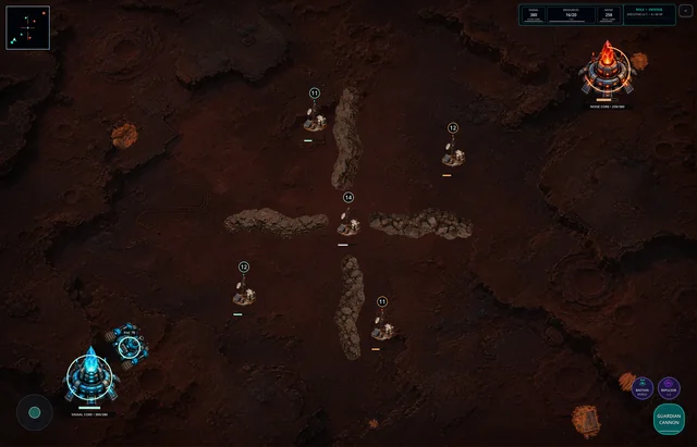 Full in-game map with opposing Cores, Outposts and Martian ridges